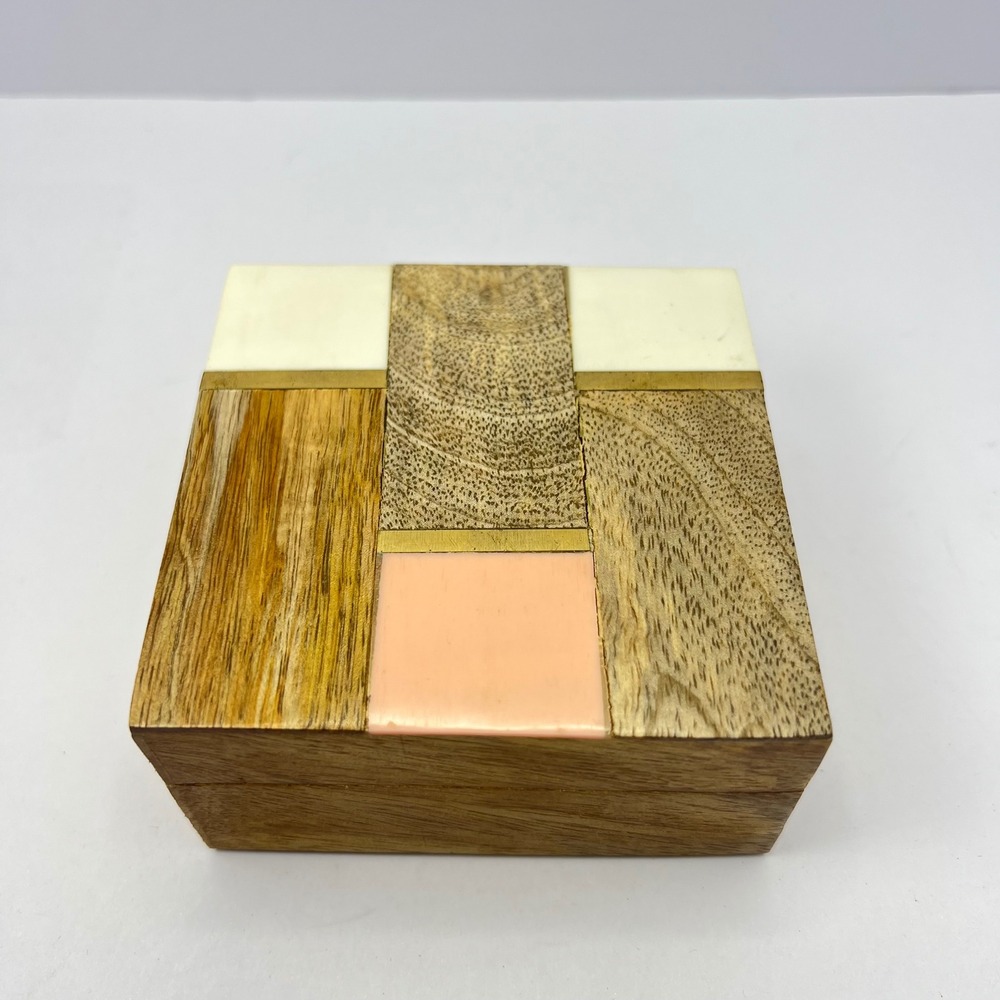 Vintage Wood Inlay Trinket Box Brass Midcentury Geometric Jewelry Handcrafted